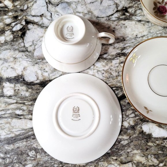 Lenox Rhodora Fine China Set Cup & Saucers P471 Pink Rose Gold Leaf - Picture 7 of 9